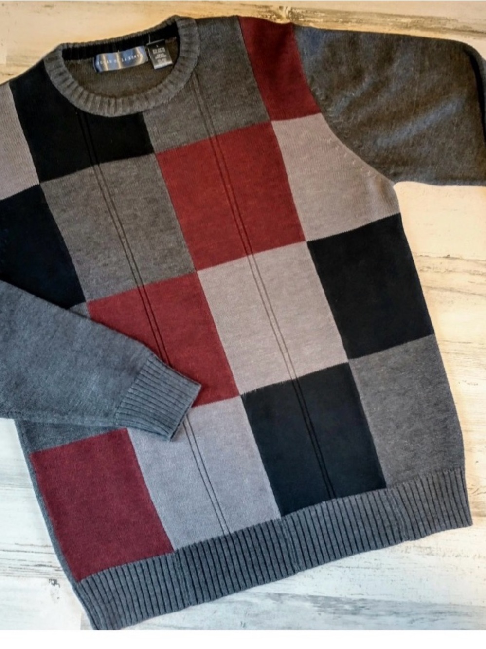 Dockers Men's Gray, Black & Burgundy Block Pattern Crewneck Sweater
